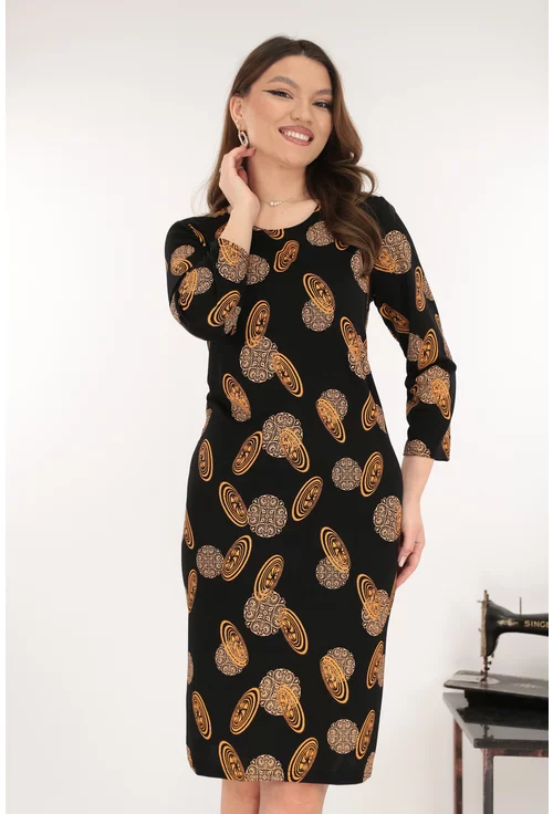 Rochie dreapta neagra cu imprimeu abstract bej