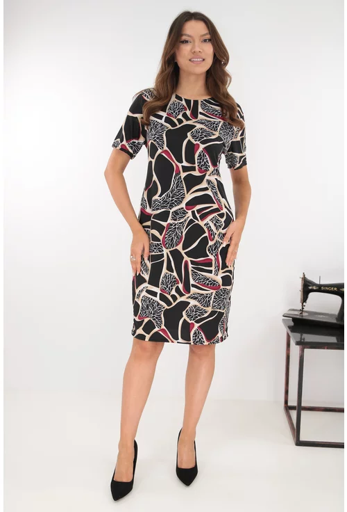 Rochie dreapta neagra cu imprimeu abstract bordo-bej