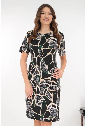 Rochie dreapta neagra cu imprimeu abstract verde-bej