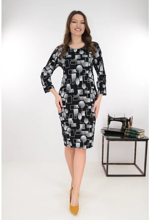 Rochie dreapta neagra cu imprimeu geometric gri