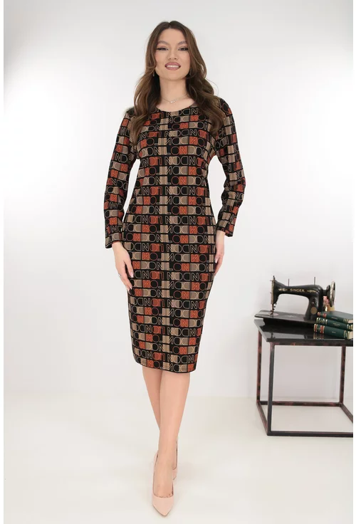 Rochie dreapta neagra cu print geometric caramiziu