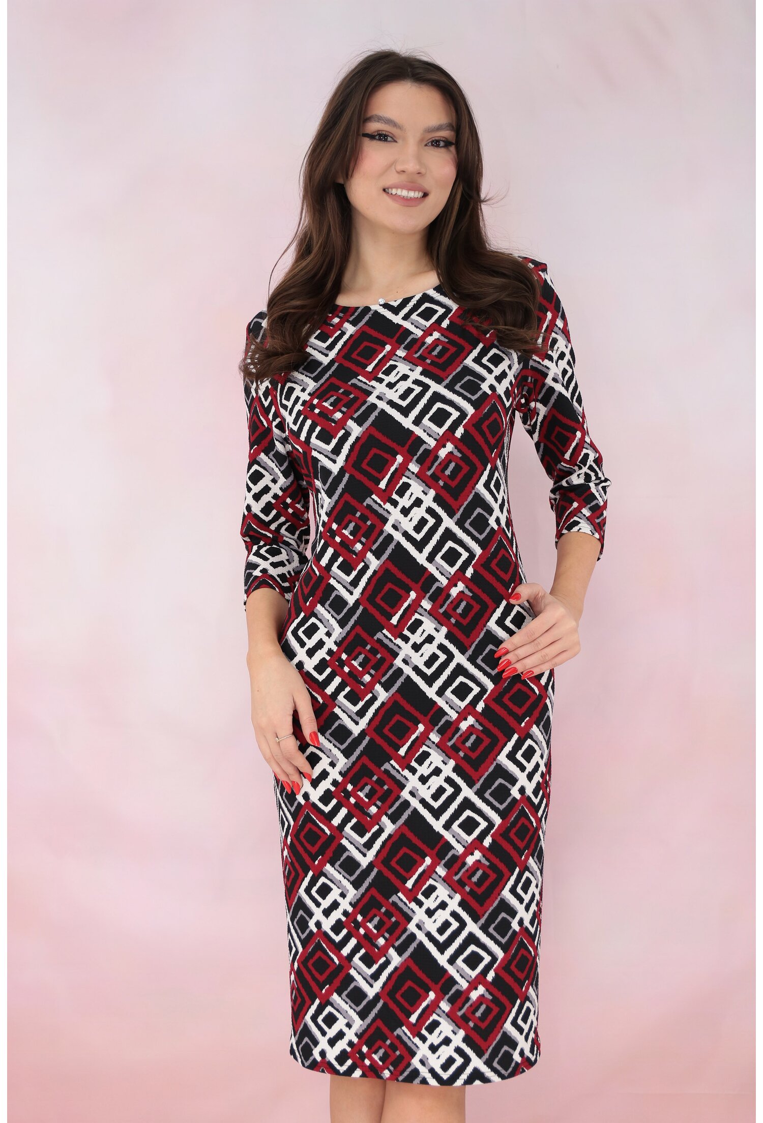 Rochie dreapta neagra cu print geometric rosu-alb