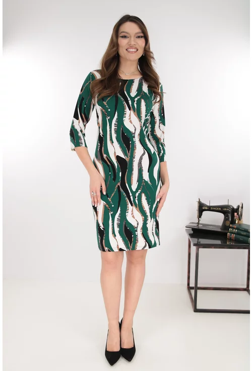 Rochie dreapta verde cu print abstract bej-negru