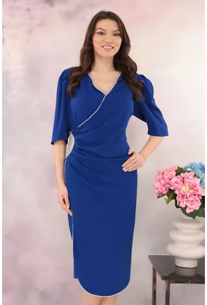Rochie eleganta albastra cu aplicatii argintii si fronseuri in talie