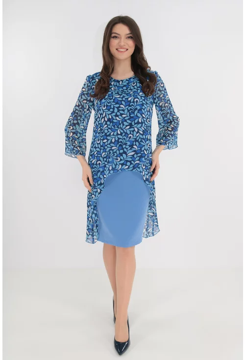 Rochie eleganta albastra cu imprimeu floral si aspect suprapus