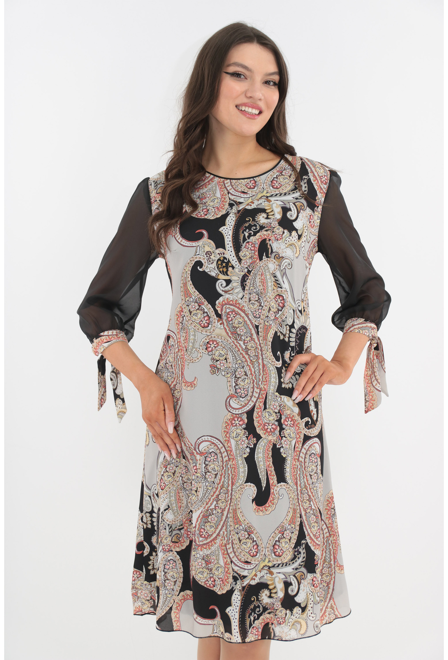 Rochie eleganta bej cu print abstract si maneci din voal