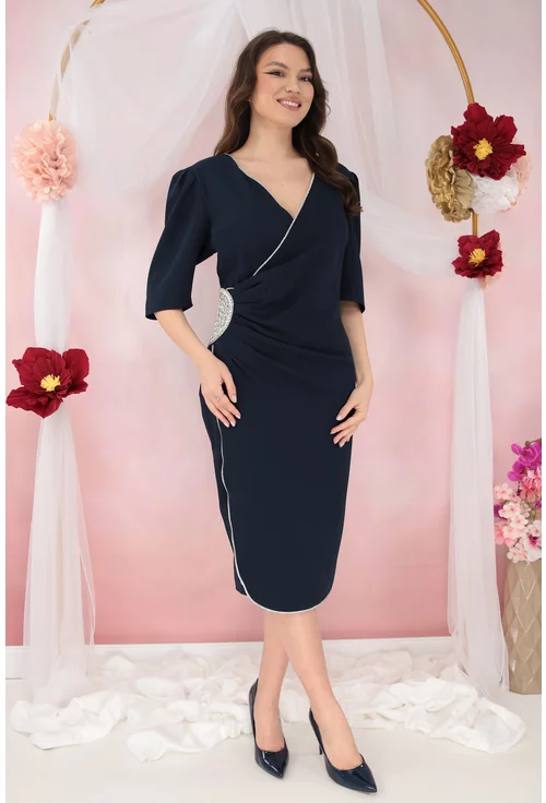 Rochie eleganta bleumarin cu aplicatii argintii si fronseuri in talie
