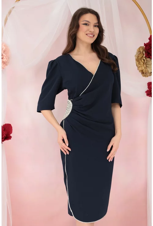 Rochie eleganta bleumarin cu aplicatii argintii si fronseuri in talie