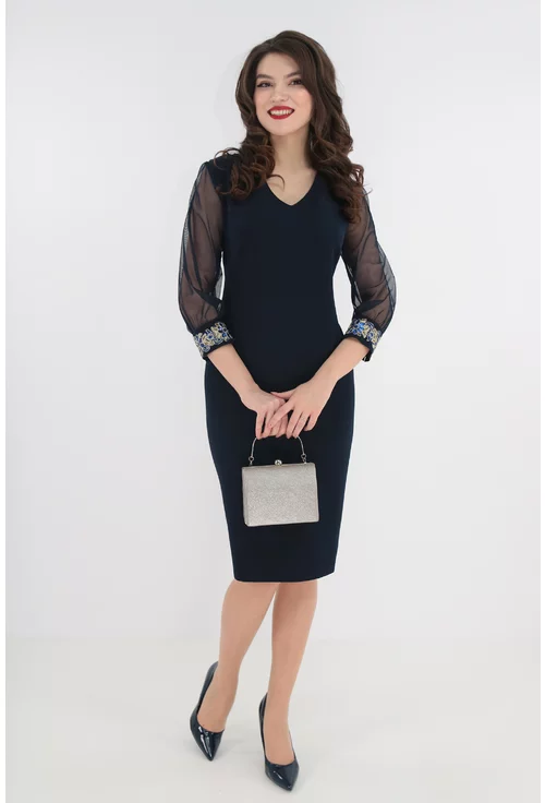 Rochie eleganta bleumarin cu broderie aurie la mansete