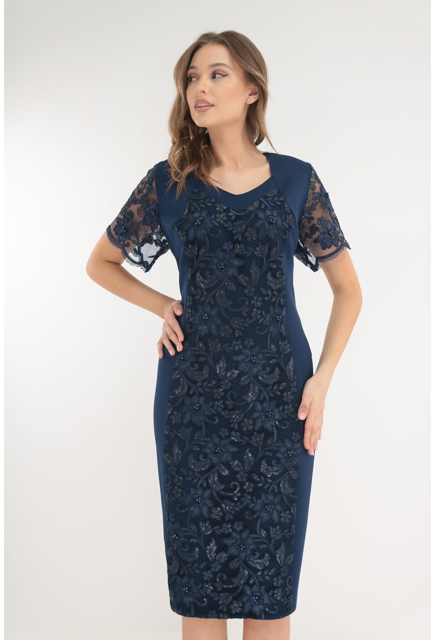 Rochie eleganta bleumarin cu broderie florala