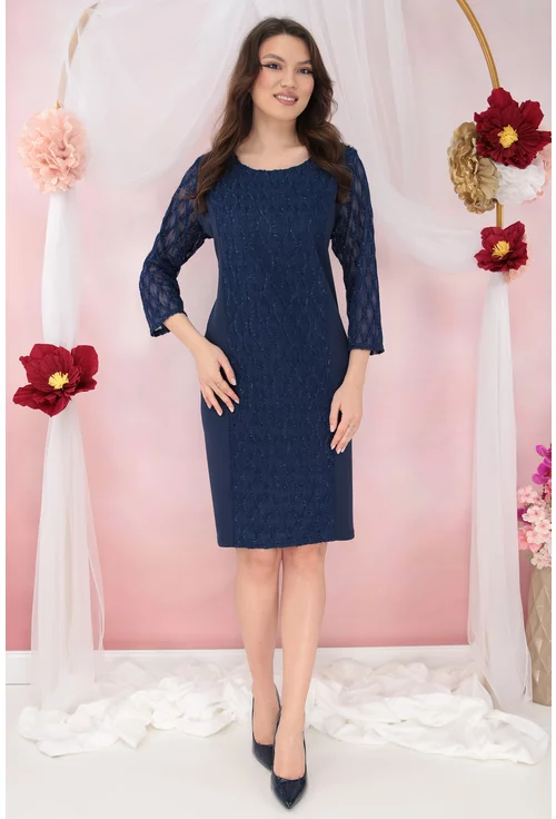 Rochie eleganta bleumarin cu insertii din dantela 3D cu glitter
