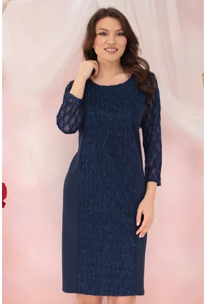Rochie eleganta bleumarin cu insertii din dantela 3D cu glitter