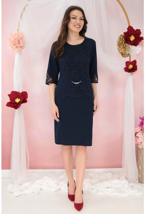 Rochie eleganta bleumarin cu insertii din dantela