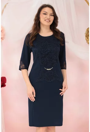 Rochie eleganta bleumarin cu insertii din dantela