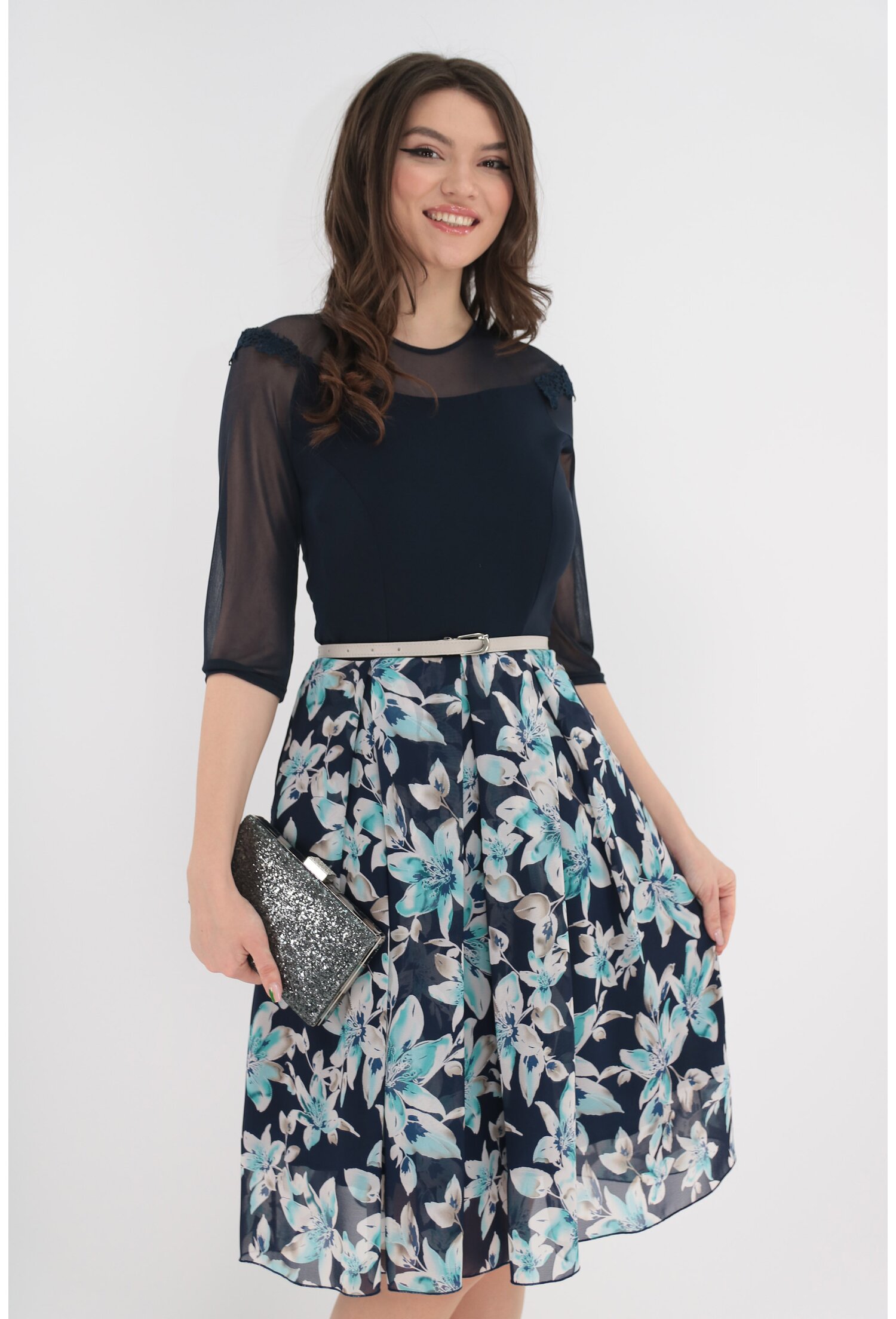 Rochie eleganta bleumarin cu pliuri si flori turcoaz - Rochii elegante