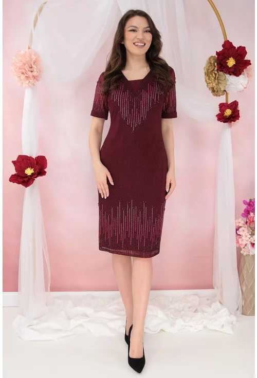 Rochie eleganta bordo cu strasuri si glitter discret
