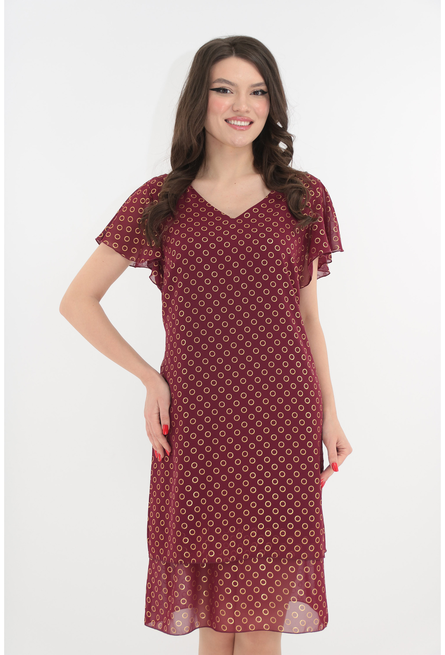 Rochie eleganta bordo cu voaluri suprapuse si cerculete aurii