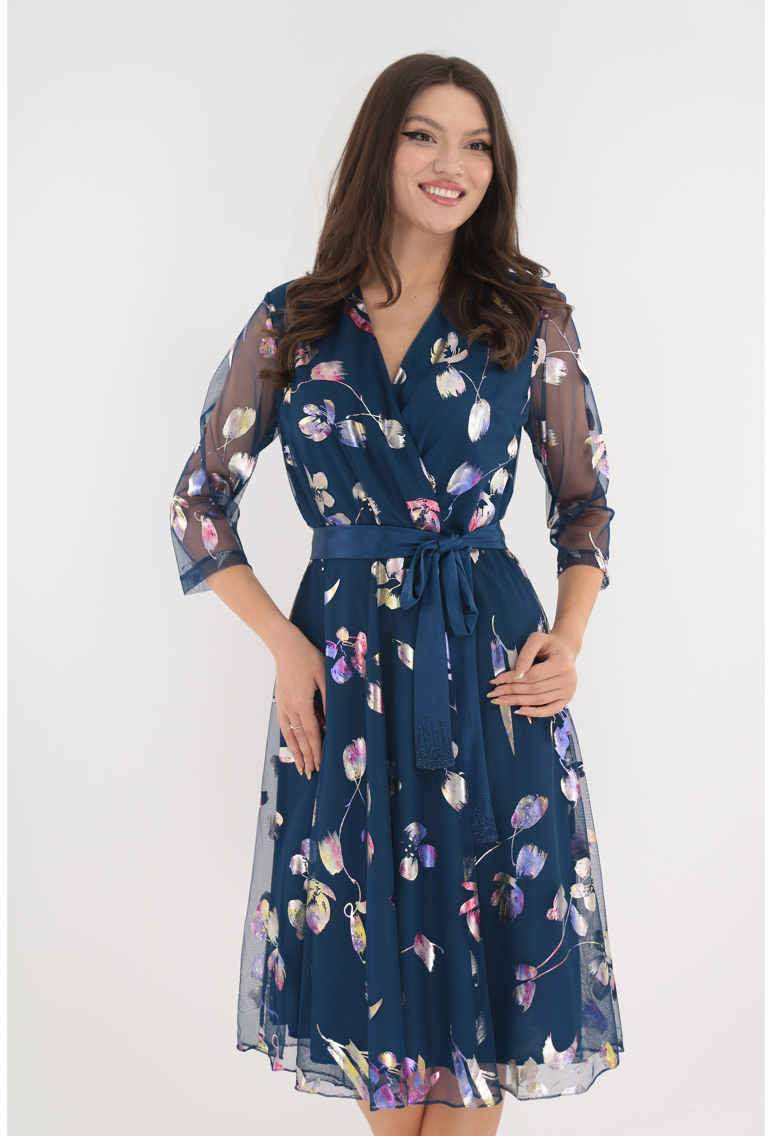 Poze Rochie eleganta clos din mesh albastru cu print stralucitor