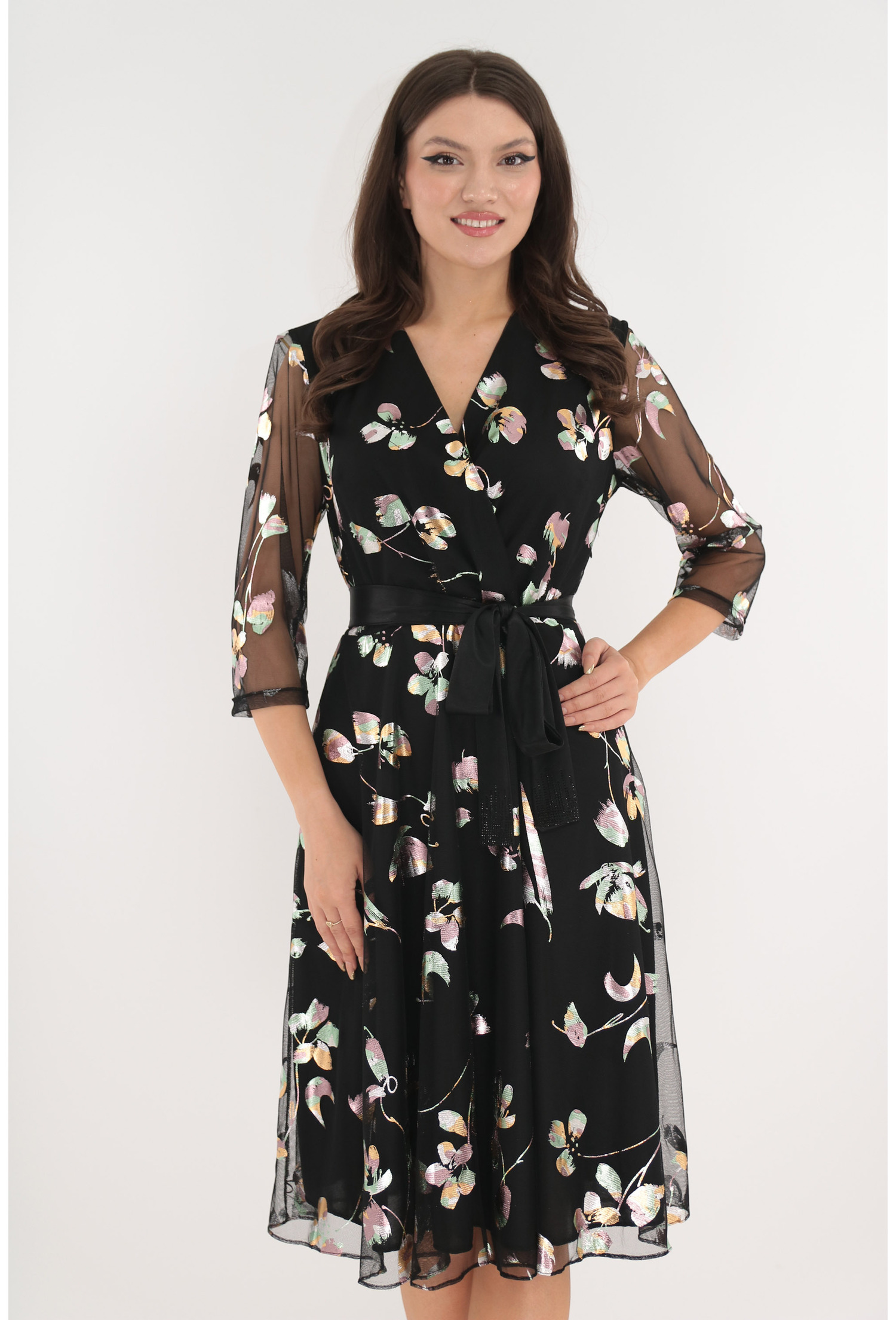 Poze Rochie eleganta clos din mesh negru cu print stralucitor