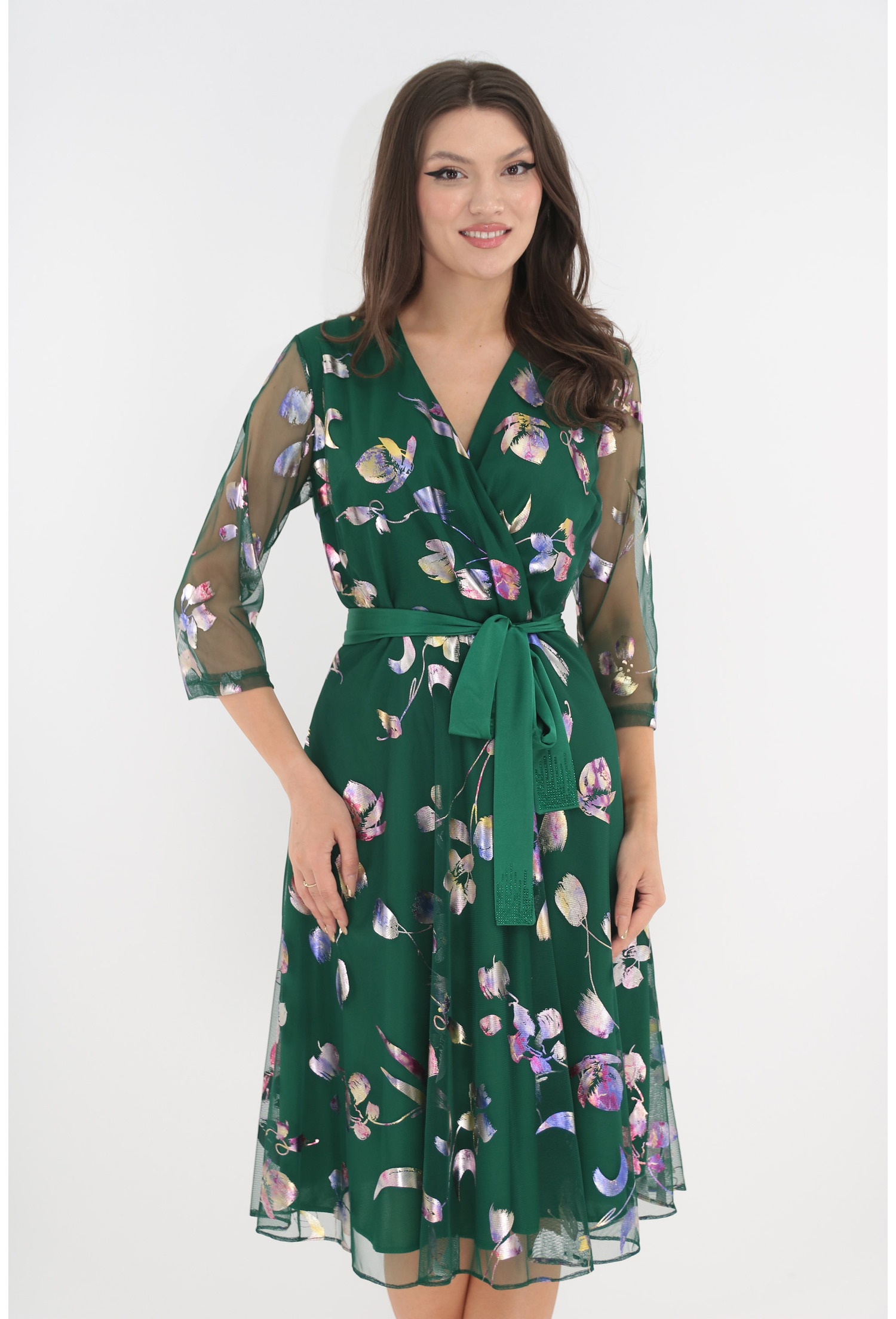 Rochie eleganta clos din mesh verde cu print stralucitor