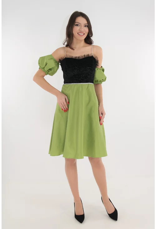 Rochie eleganta clos din tafta verde si catifea