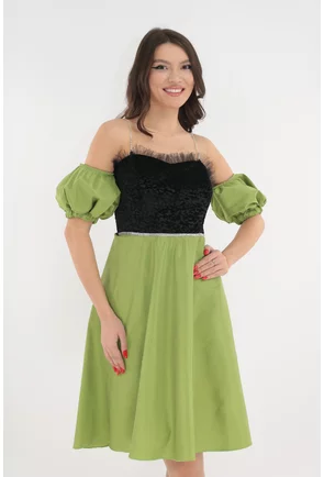 Rochie eleganta clos din tafta verde si catifea