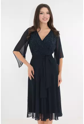 Rochie eleganta clos din voal bleumarin cu bust cu margelute