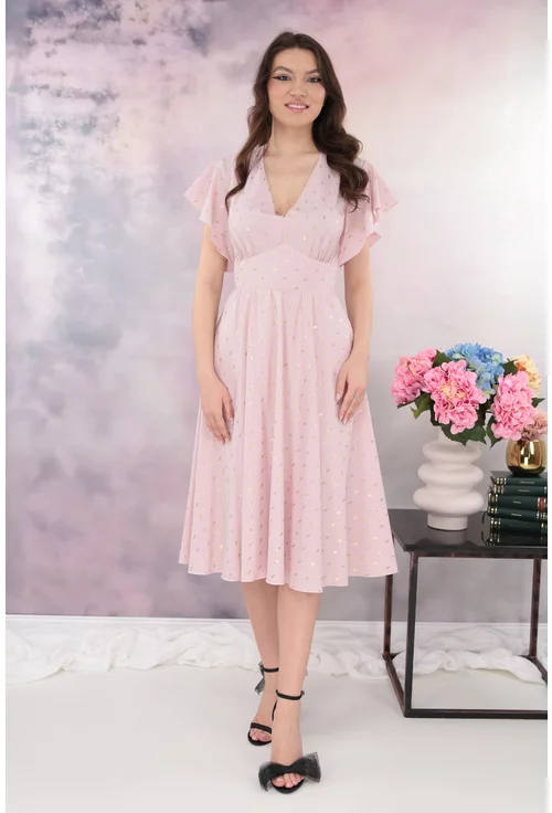 Rochie eleganta clos roz cu print auriu