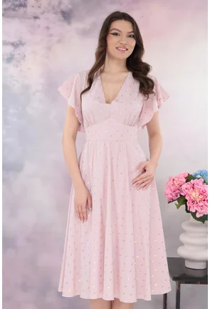 Rochie eleganta clos roz cu print auriu