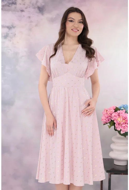 Rochie eleganta clos roz cu print auriu