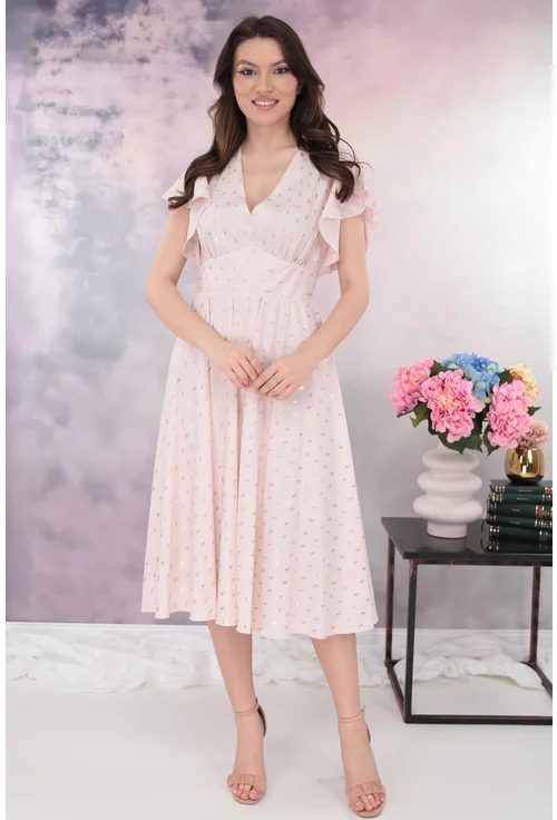 Rochie eleganta clos roz deschis cu print auriu