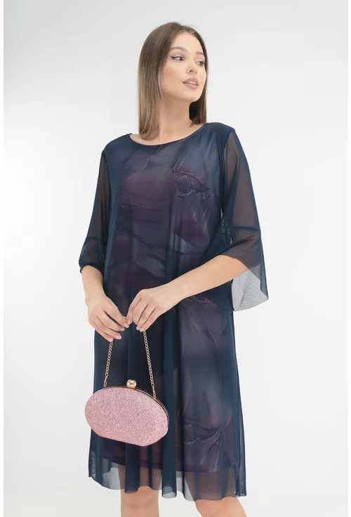 Rochie eleganta cu imprimeu abstract roz si tulle bleumarin