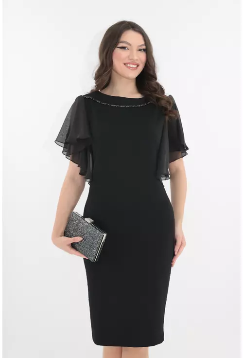 Rochie eleganta din brocard negru cu maneci ample din voal