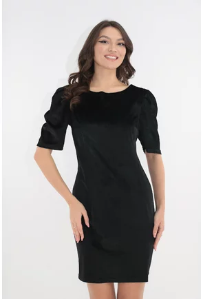 Rochie eleganta din catifea neagra cu paiete si funda satinata magenta