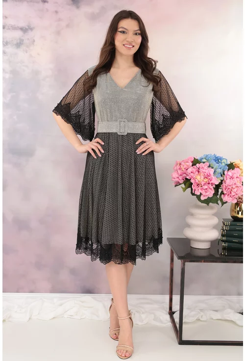 Rochie eleganta din lurex auriu cu tulle negru cu buline