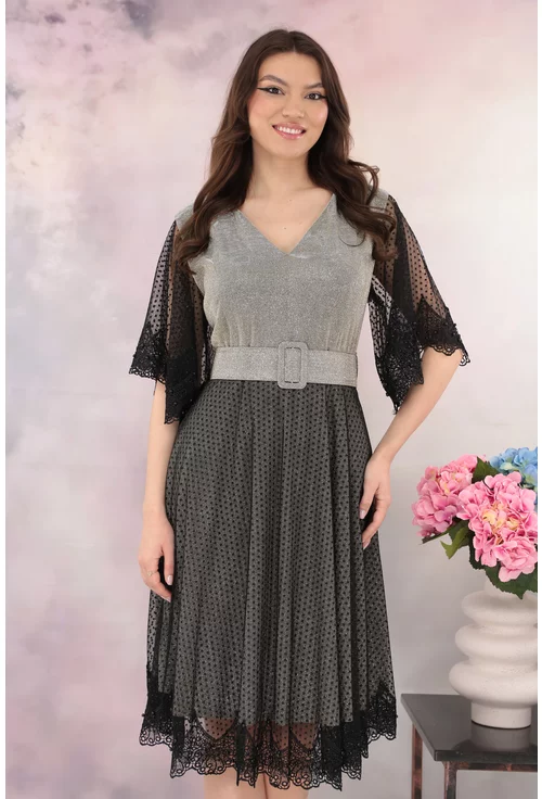 Rochie eleganta din lurex auriu cu tulle negru cu buline