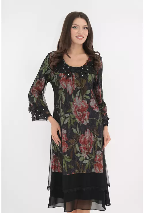 Rochie eleganta din lurex cu print floral si mesh negru