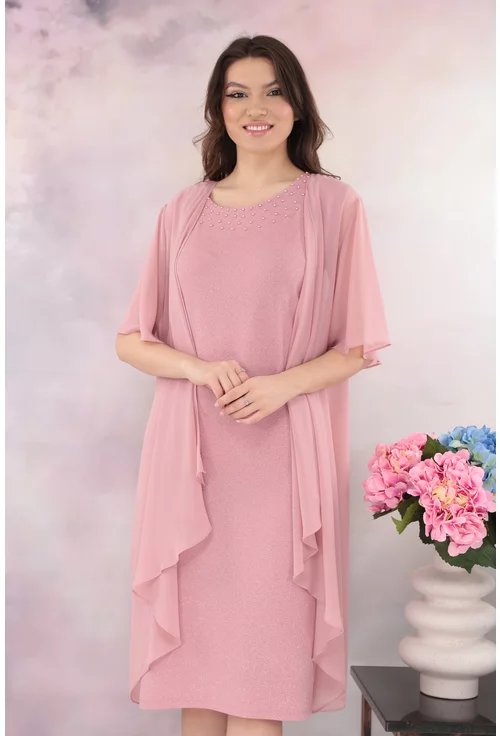 Rochie eleganta din lurex roz cu pelerina detasabila