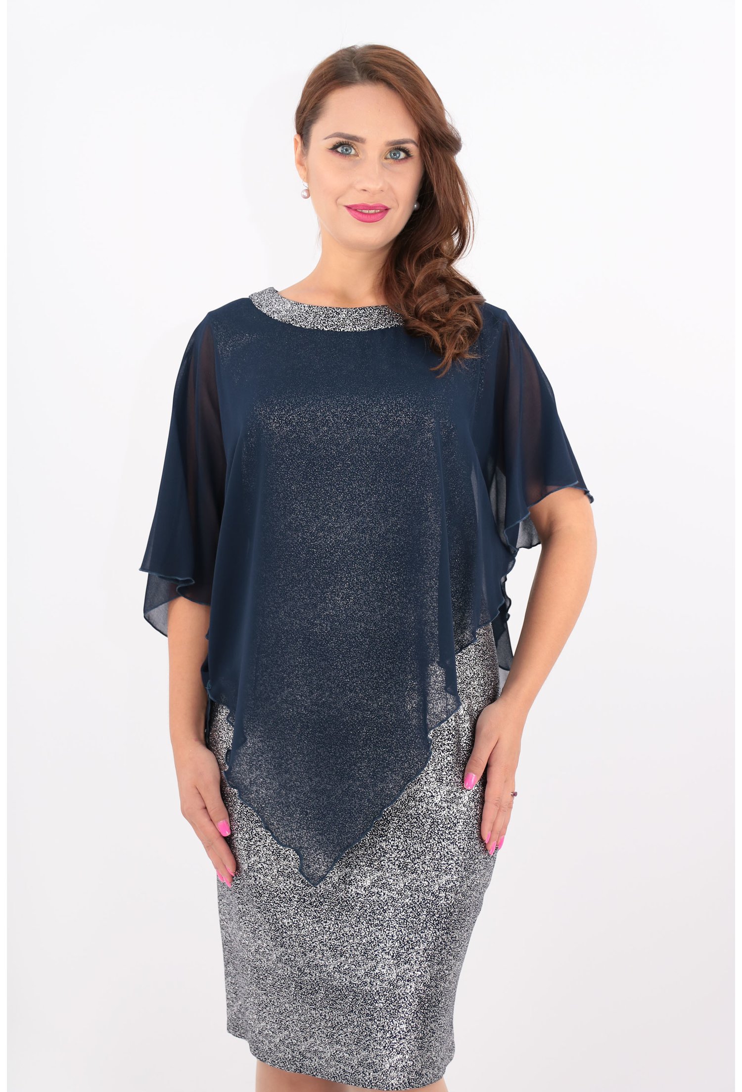 Rochie eleganta din stofa bleumarin-argintie si voal bleumarin