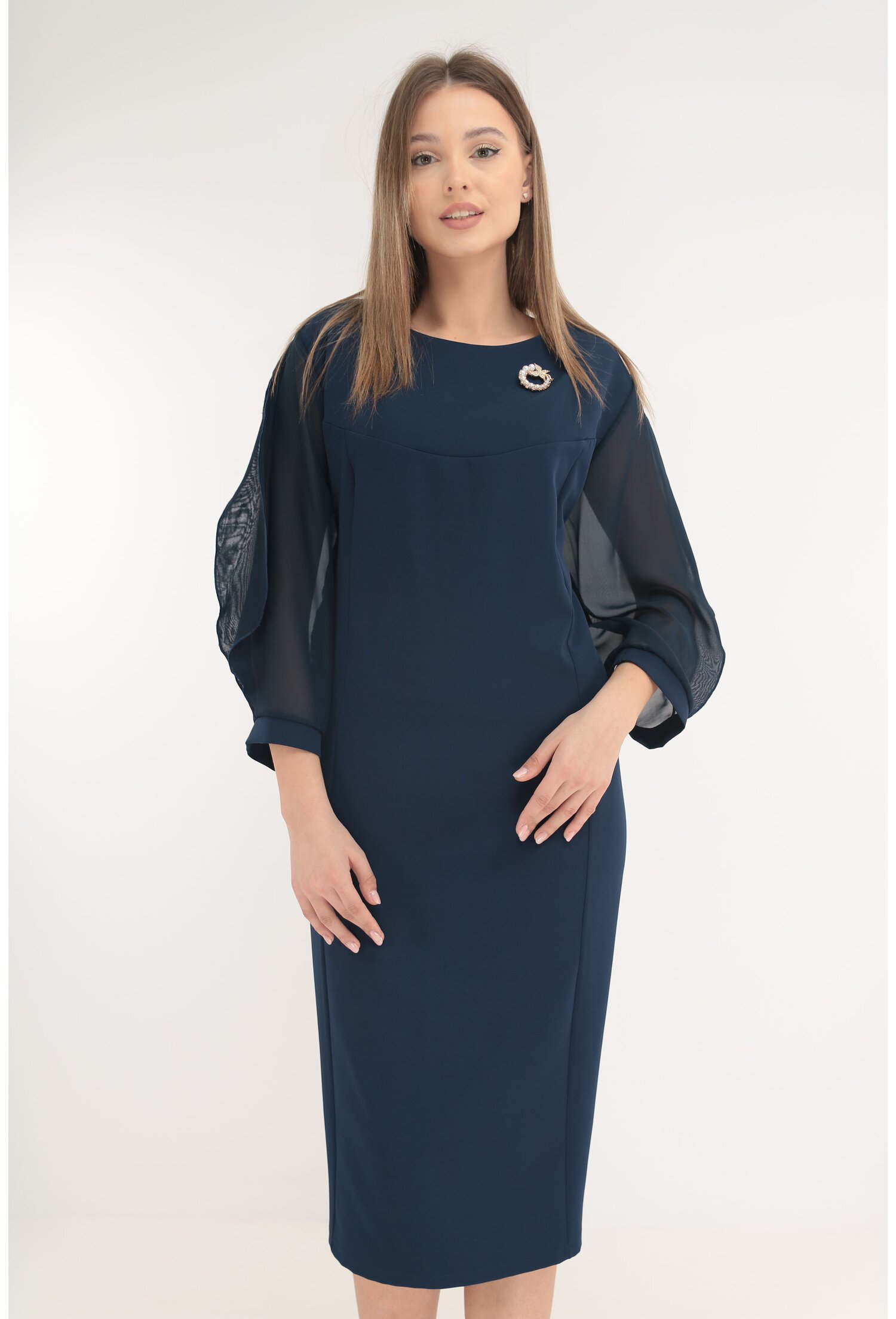 Rochie eleganta din stofa bleumarin cu maneci din voal