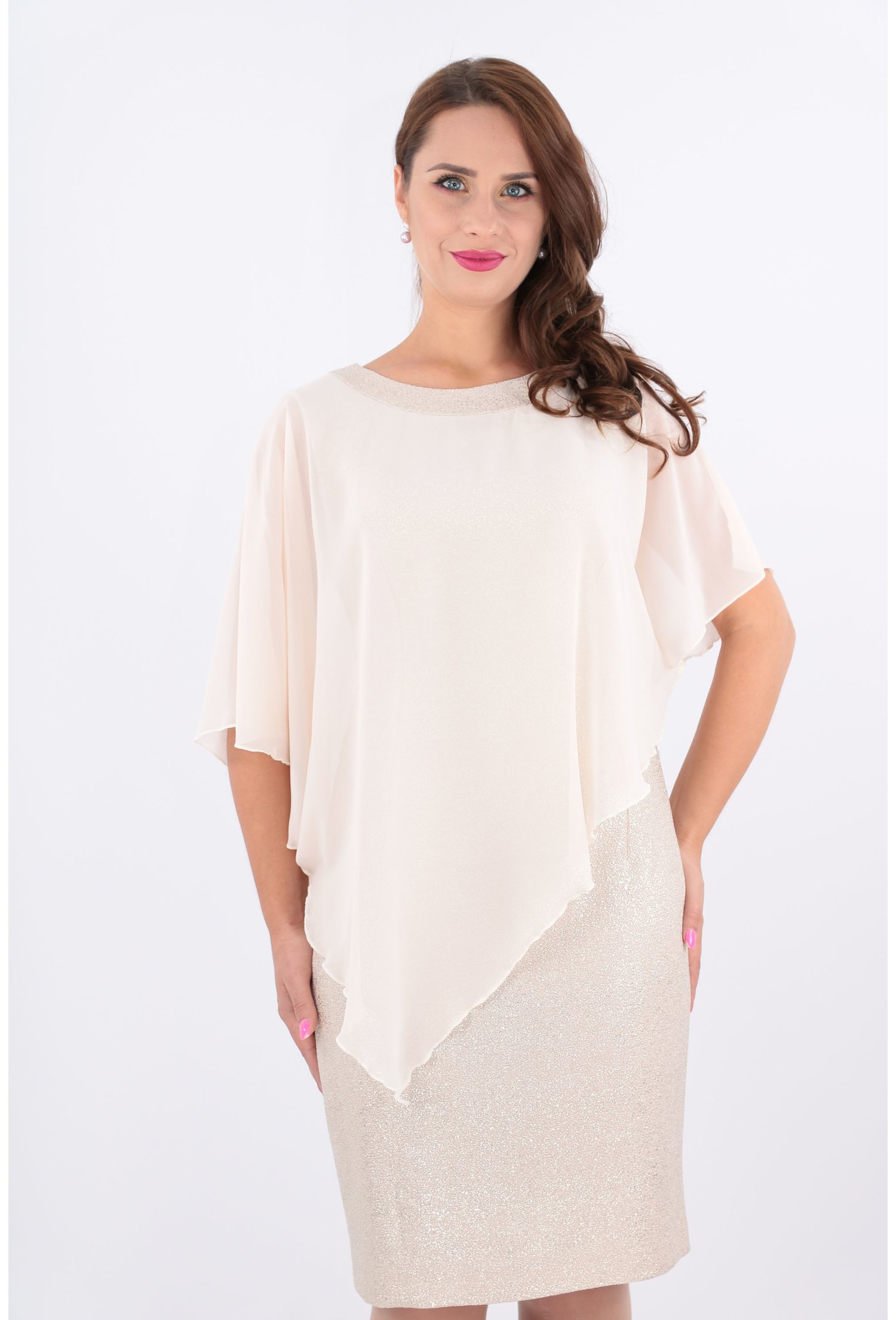 Rochie eleganta din stofa crem-aurie si voal crem