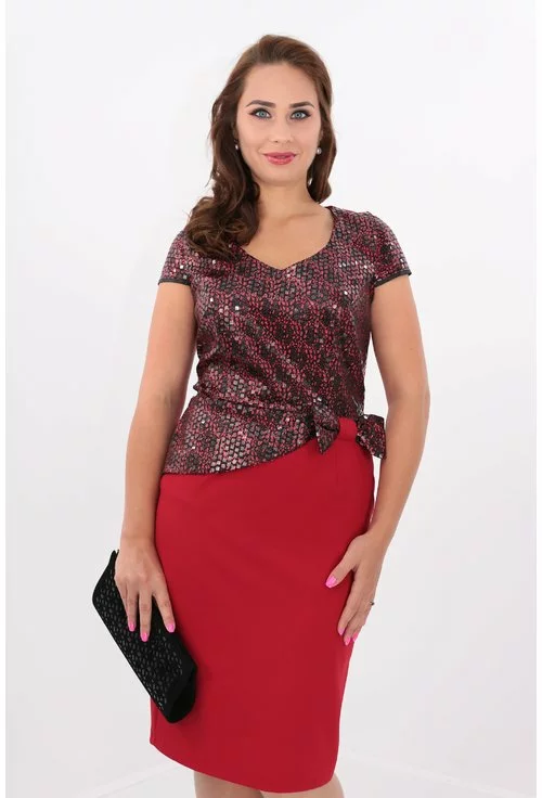 Rochie eleganta din stofa subtire rosie si paiete