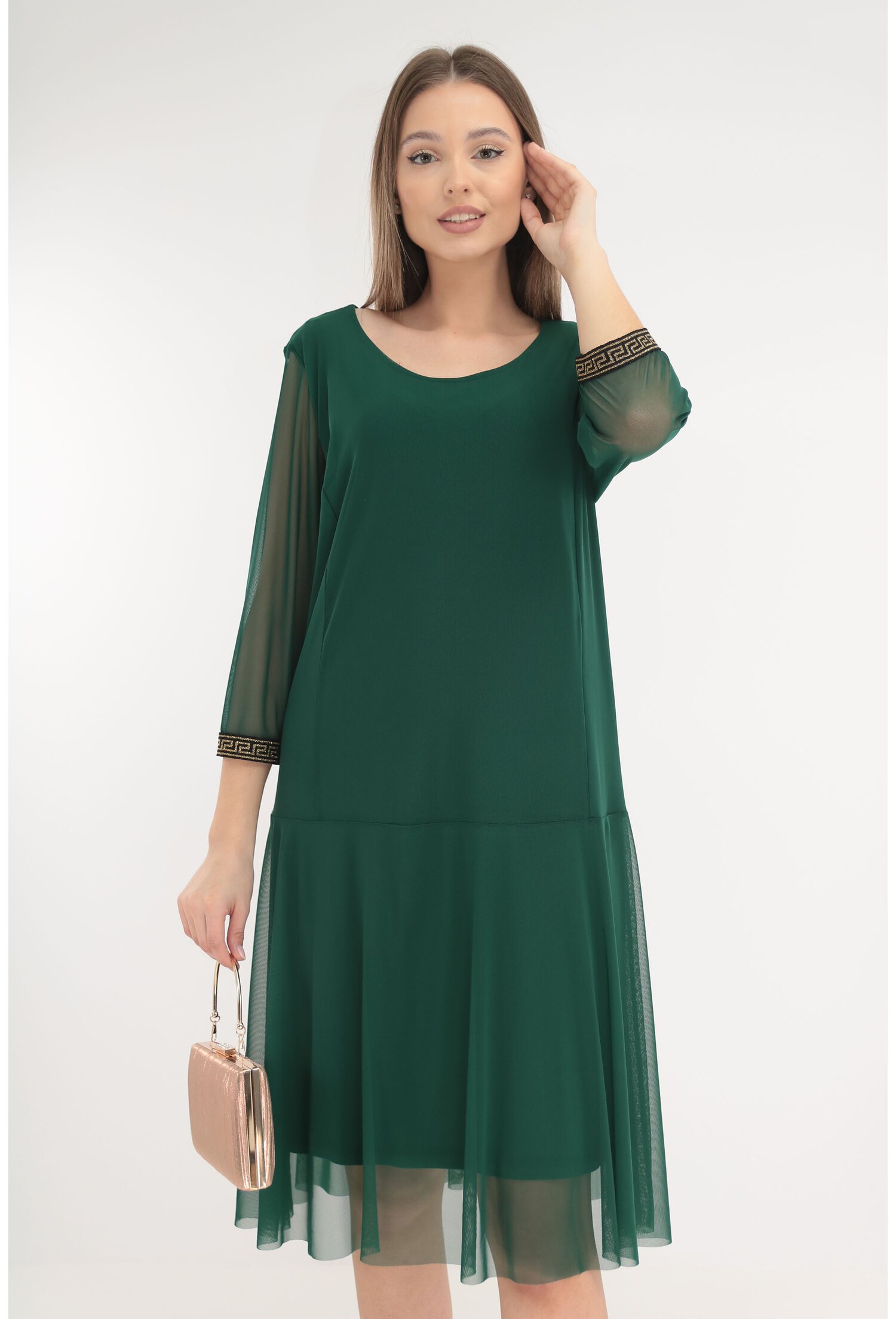 Rochie eleganta din tulle verde cu insertii aurii la mansete