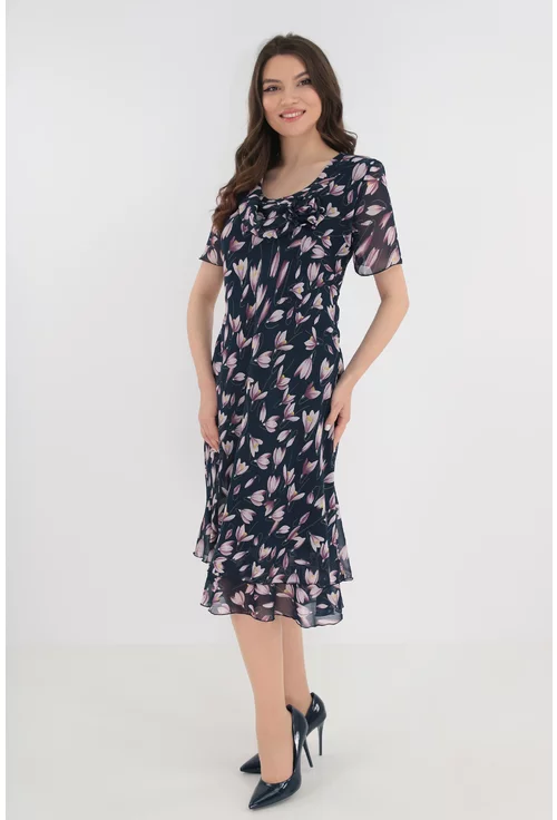 Rochie eleganta din voal bleumarin cu flori lila