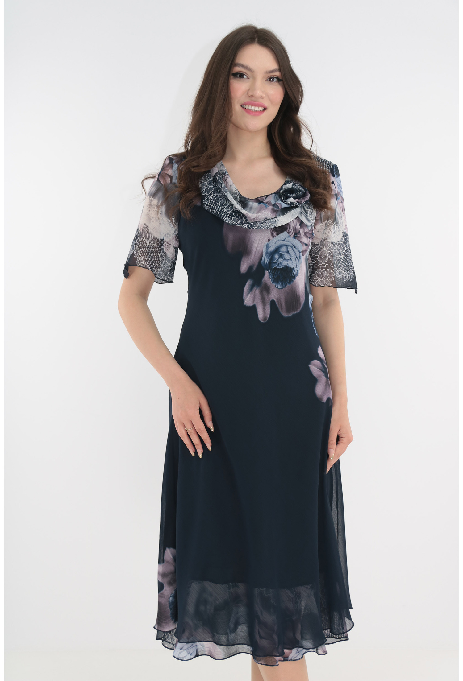 Rochie eleganta din voal bleumarin cu flori roz