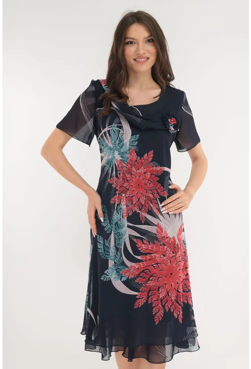 Rochie eleganta din voal bleumarin cu print floral rosu maxi