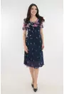Rochie eleganta din voal bleumarin cu trandafiri roz