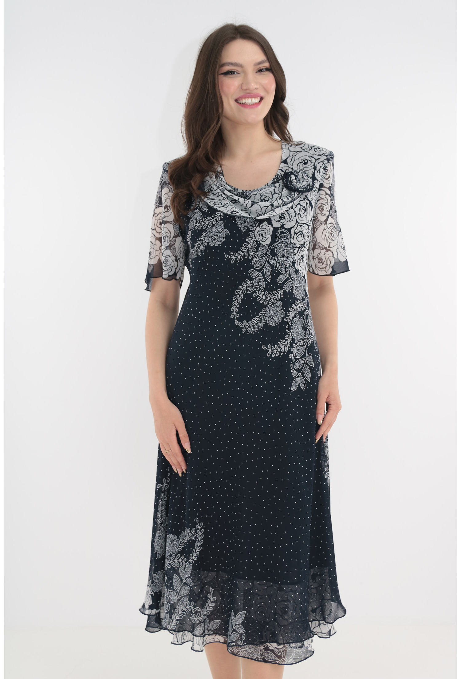 Poze Rochie eleganta din voal bleumarin cu trandafiri si buline albe