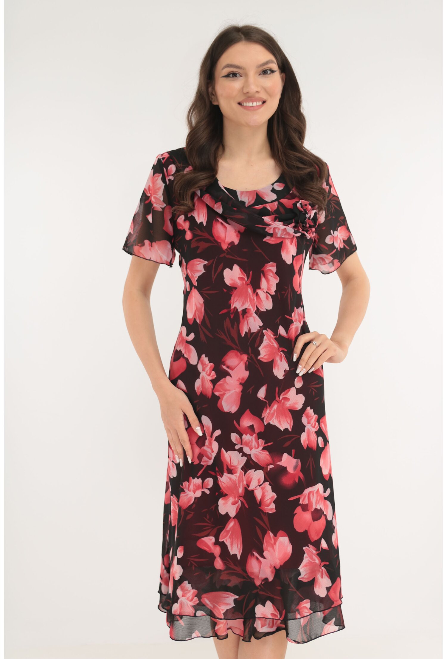 Rochie eleganta din voal bordo cu print floral roz