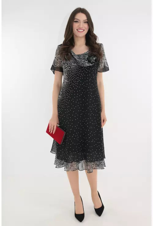 Rochie eleganta din voal negru cu print floral alb